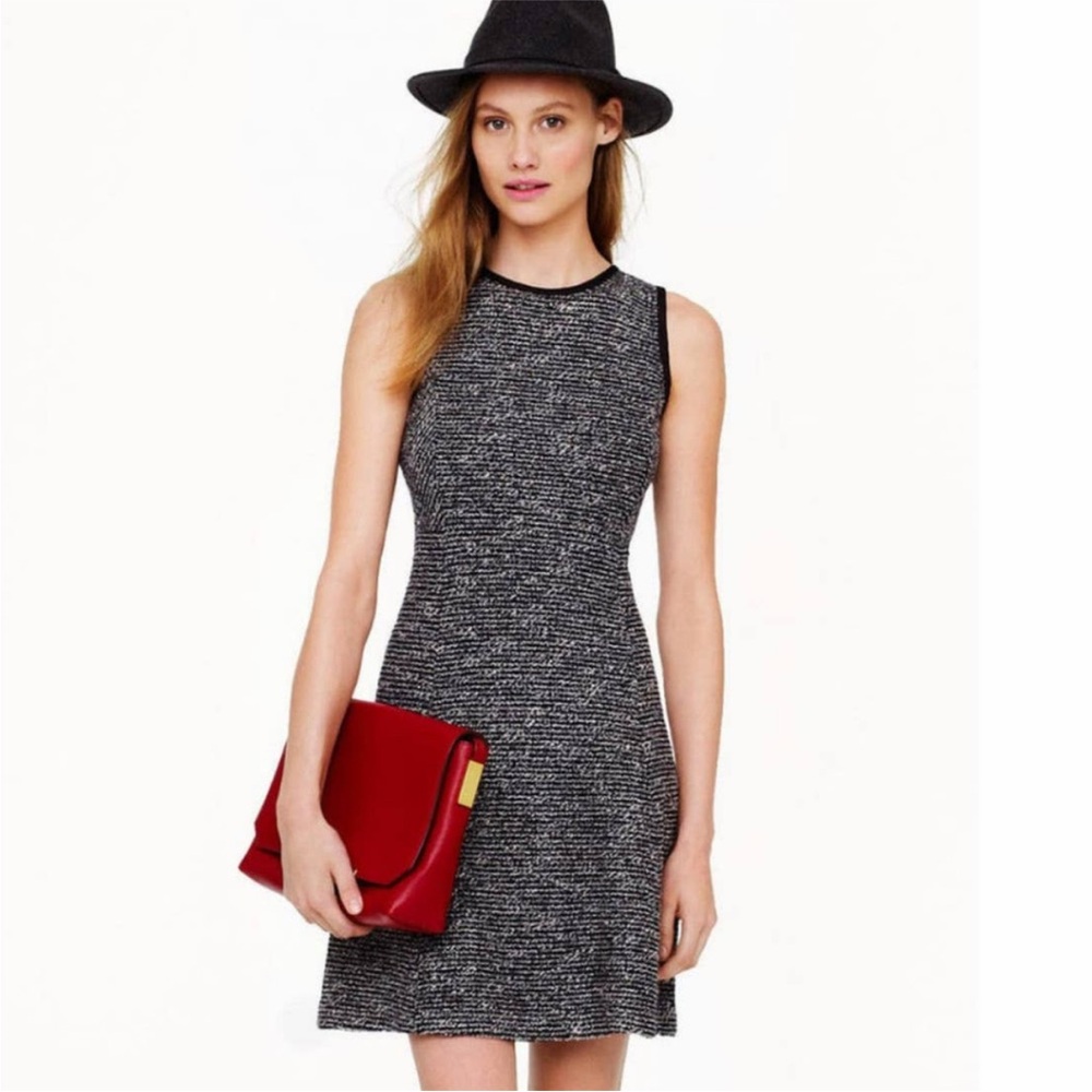 J. Crew Sleeveless Knit Tweed Dress A Line Fit Flare Tailored Black Gray White 8